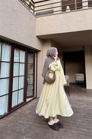 Bella Beli Lastik Büzgülü Elbise-Butter Yellow