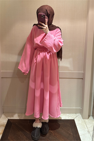 Bella Beli Lastik Büzgülü Elbise-Pembe