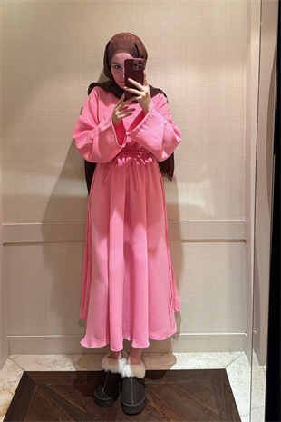 Bella Beli Lastik Büzgülü Elbise-Pembe