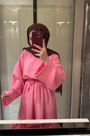 Bella Beli Lastik Büzgülü Elbise-Pembe