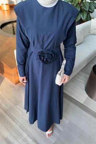 Gül kemerli elbise-lacivert - Vakronline