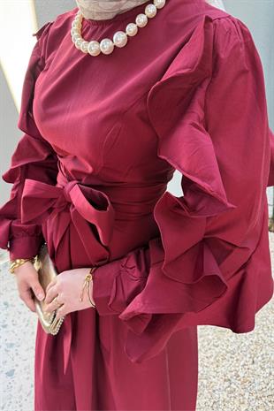 Yare kolları kıvrımlı elbise-bordo - vakronline