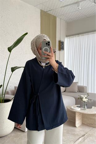 Keten yandan bağlamalı kimono-lacivert - vakronline