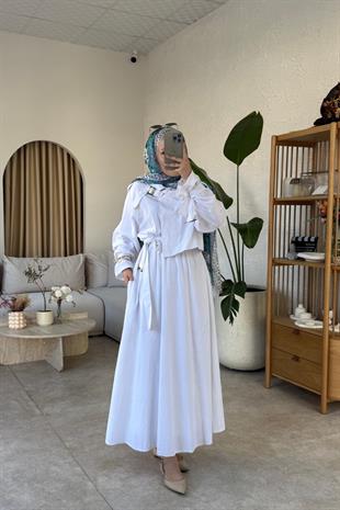 Keten Premium Elbise-Beyaz