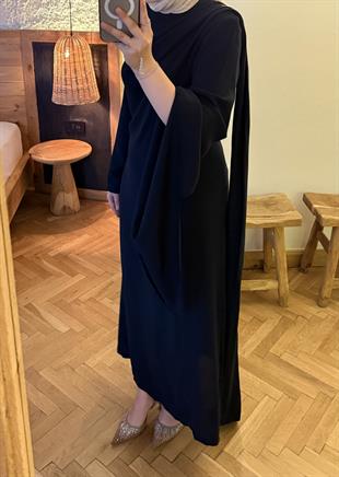 Tesettür Şal detaylı volan elbise -lacivert(ön sipariş)- vakronlin