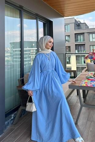 Tesettür Balon Kol Premium Elbise-Bebe mavi
