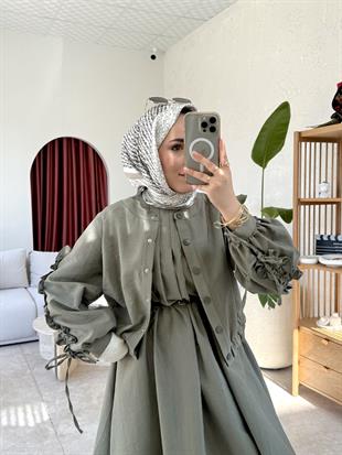 Lizya ceketli elbise-haki - vakronline