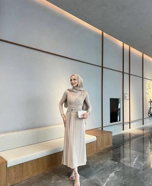 Seria gold tokalı elbise-bej - Vakronline