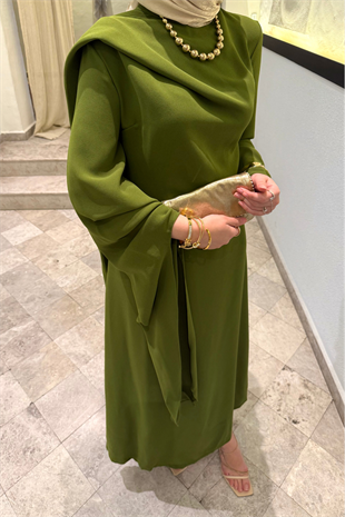 Şal detaylı volan elbise olive (ön sipariş) - vakronline