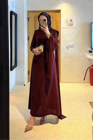 Tesettür Şal detaylı volan elbise  -bordo- vakronline