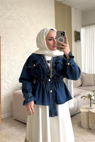 Yakası taşlı kot ceket - vakronline