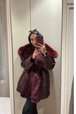 Cheny Yakası Kürklü Mont-Bordo