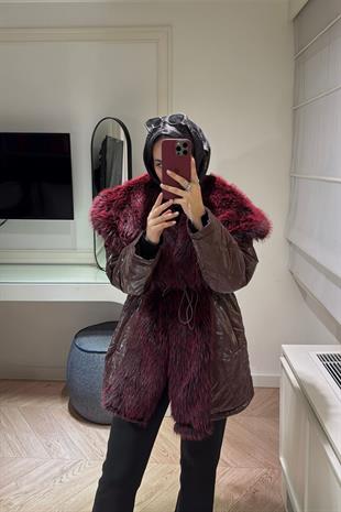 Cheny Yakası Kürklü Mont-Bordo