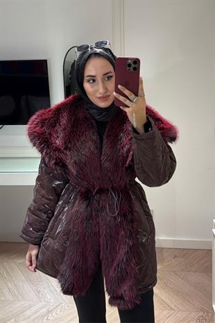 Cheny Yakası Kürklü Mont-Bordo