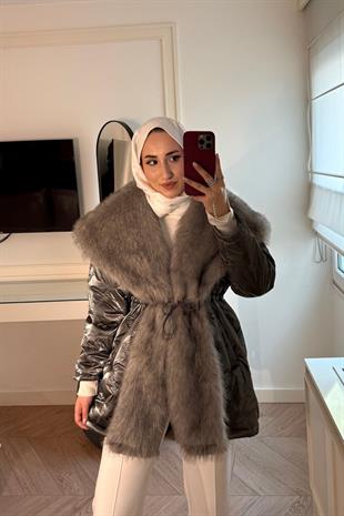 Cheny Yakası Kürklü Mont-Gri