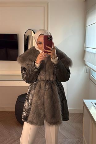 Cheny Yakası Kürklü Mont-Gri