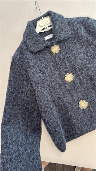 Çiçek Düğmeli Keçe Kısa Ceket - Lacivert