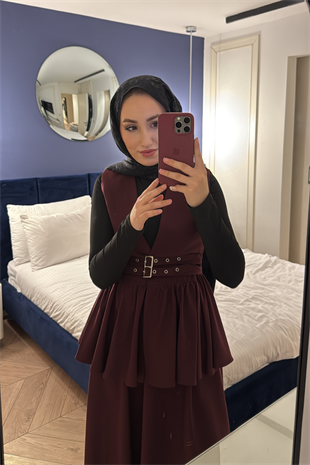 Çift Kemerli Etekli Takım-Bordo