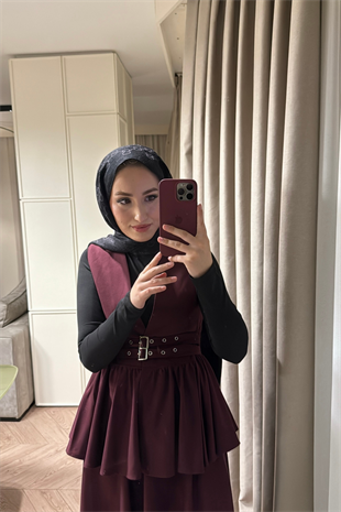 Çift Kemerli Etekli Takım-Bordo