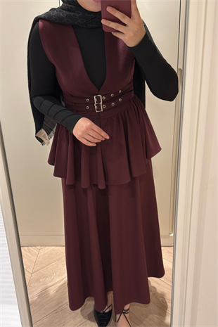 Çift Kemerli Etekli Takım-Bordo