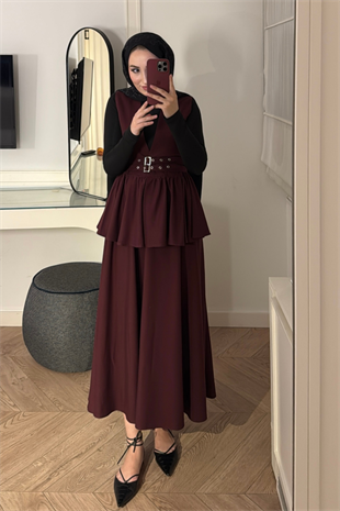 Çift Kemerli Etekli Takım-Bordo