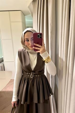 Çift Kemerli Etekli Takım-Kahve