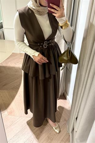 Çift Kemerli Etekli Takım-Kahve