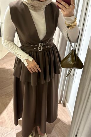 Çift Kemerli Etekli Takım-Kahve