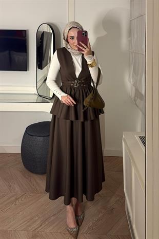 Çift Kemerli Etekli Takım-Kahve