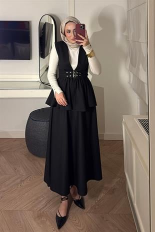 Çift Kemerli Etekli Takım-Siyah