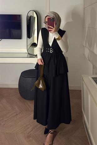 Çift Kemerli Etekli Takım-Siyah