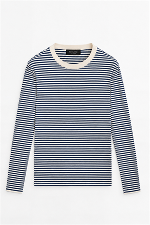 Çizgili Basic Marka Sweat -Lacivert