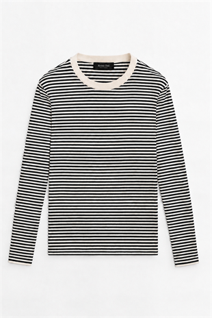Çizgili Basic Marka Sweat -Siyah