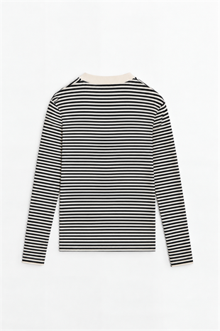 Çizgili Basic Marka Sweat -Siyah