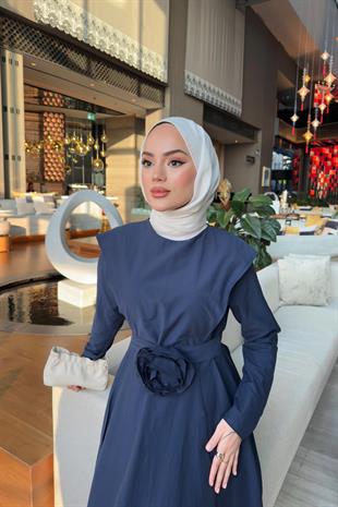 Gül kemerli elbise-lacivert - Vakronline
