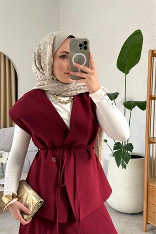 Lavinya keten etekli takım-bordo - vakronline