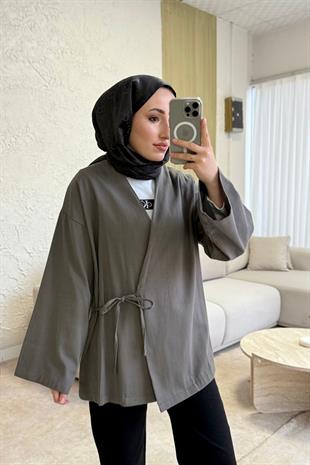 Keten yandan bağlamalı kimono-antrasit - vakronline