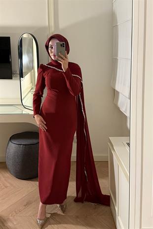Milena Taşlı Premium Elbise-Bordo(ÖN SİPARİŞ)