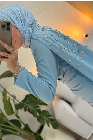 Mariana taşlı özel seri elbise-bebe mavisi- Vakronline