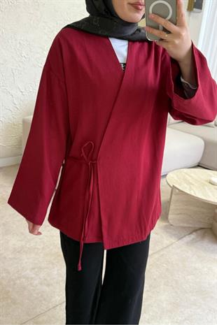 Keten yandan bağlamalı kimono-bordo - vakronline