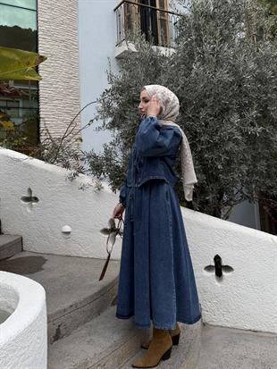 Fiyonklu kot etekli takım -koyu mavi - vakronline