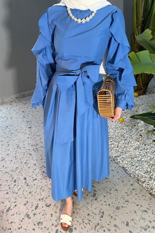 Yare kolları kıvrımlı elbise-bebe mavisi - vakronline