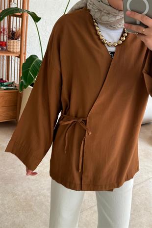 Keten yandan bağlamalı kimono-kahverengi - vakronline
