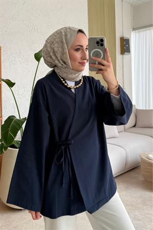 Keten yandan bağlamalı kimono-lacivert - vakronline
