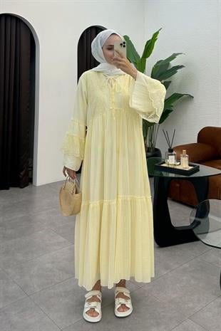 Monila Dantel Detaylı Premium Elbise-Yellow