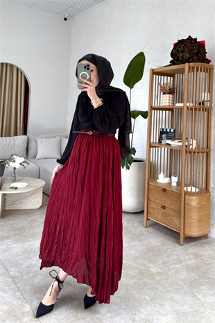 Saten kraş etek-bordo - vakronline