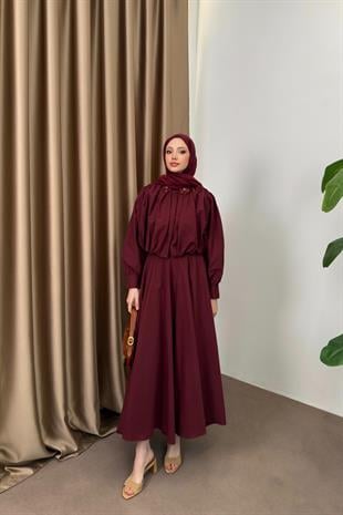 Çiçek Aksesuarlı Poplin Etekli Takım - Bordo