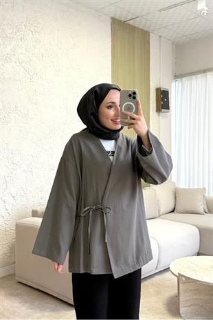 Keten yandan bağlamalı kimono-antrasit - vakronline