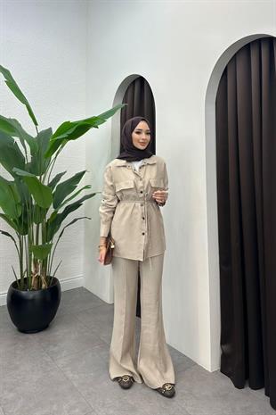 Paria pantolonlu tensel takım-bej