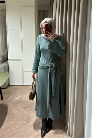 Diana Önden Bağlamalı Triko Elbise-Çağla